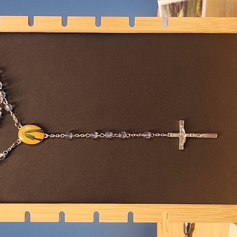 Vintage Catholic Rosary Necklace – Miraculous Medal & Crucifix – Blue Plastic